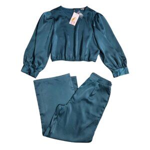 NWT | Teal Satin 2-Piece Outfit | Lantern Sleeve Crop Top | Wide Leg | Medium